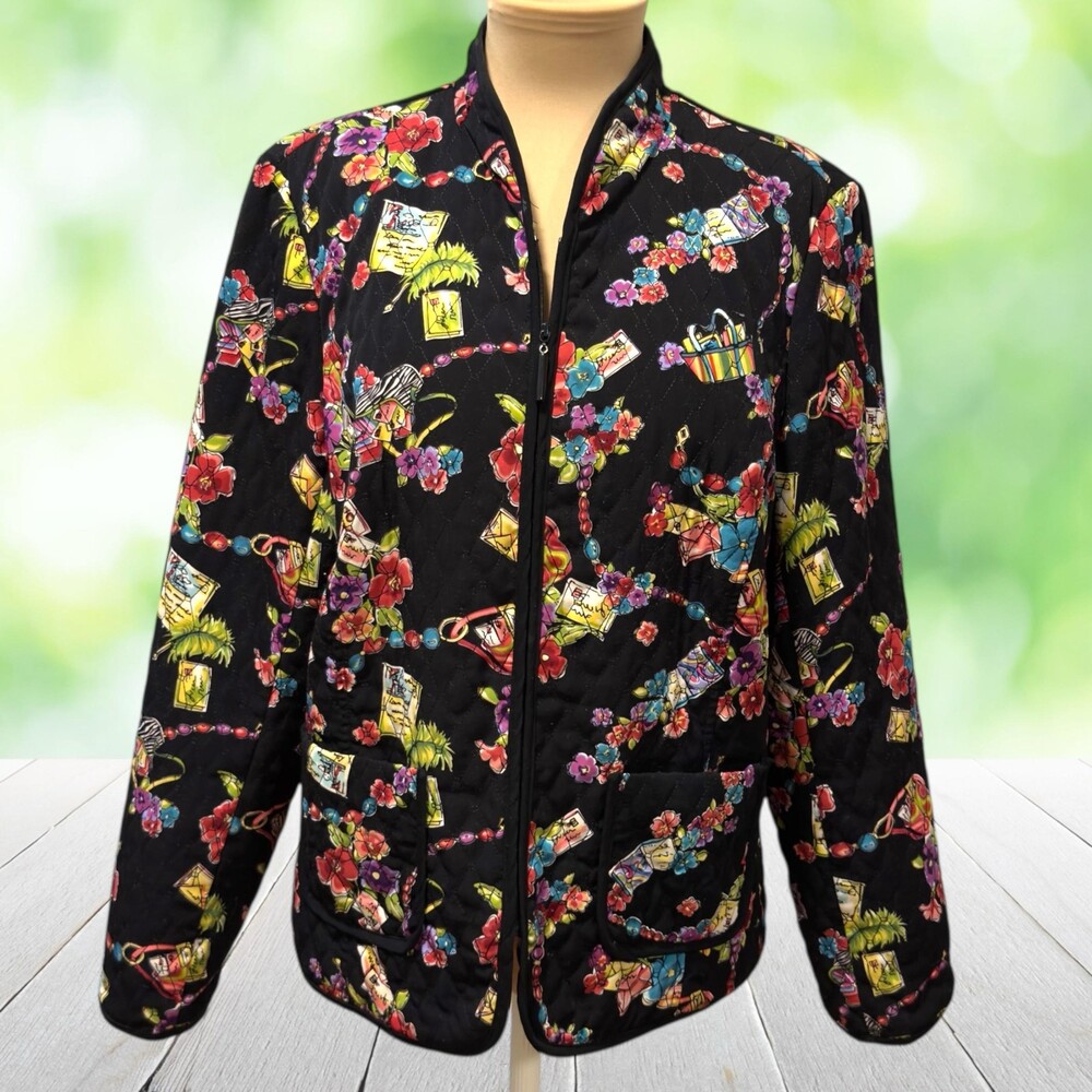 Vintage Whimsical Quilted Jacket Postal Novelty Print Full Zip Pocket Black Sz L